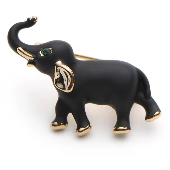 Elephant Black Gold Brooch with Green Eye - Picture 4 of 8